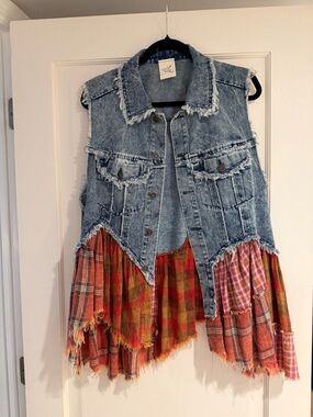 Denim & Plaid Mixed-Media Vest - Blue and Orange